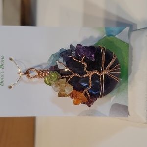 Wire wrapped tree of life pendant natural gemstones. Handcrafted